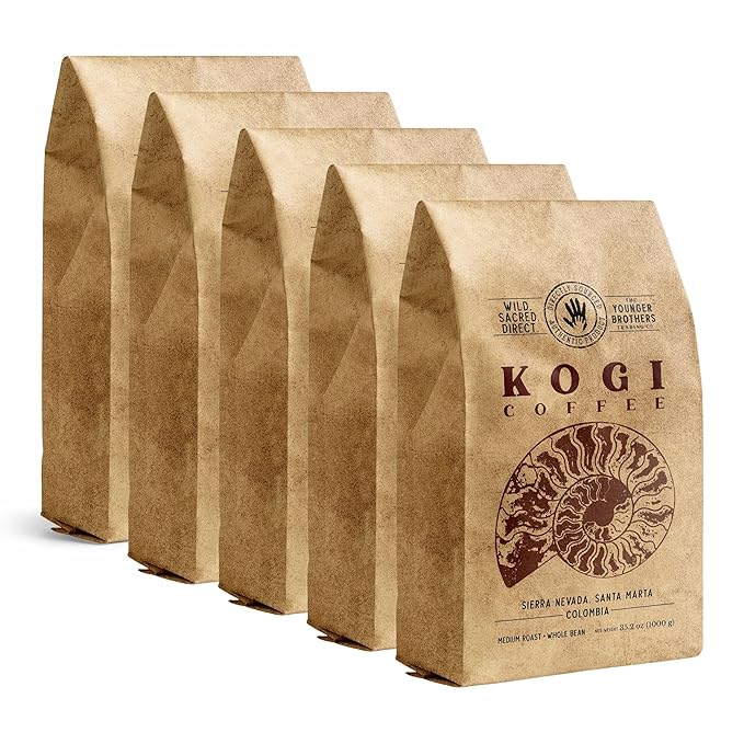 The Younger Brothers Trading Co. Kogi Coffee | Indigenous Wild Organic Whole Bean | Ethically Sourced Single Origin Colombian Coffee | Kogi Medium Roast (1kg / 35.2oz bag), 5 Pack