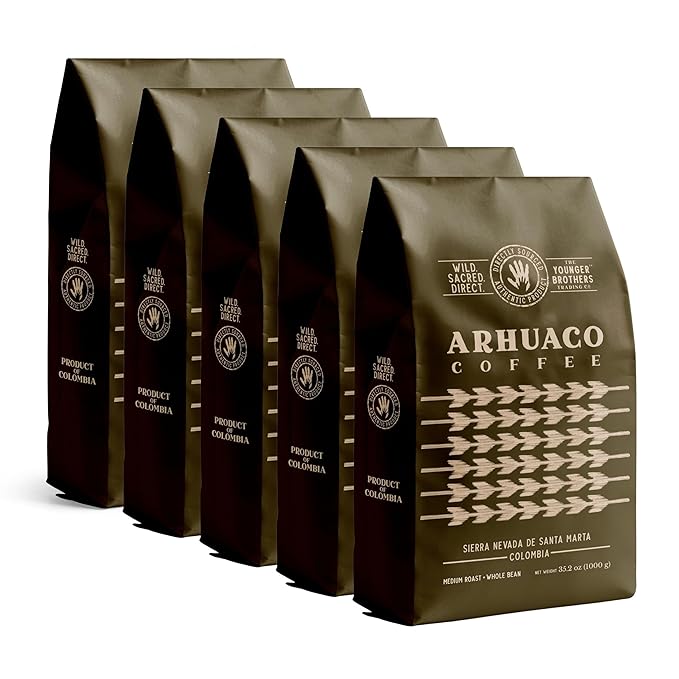 The Younger Brothers Trading Co. Arhuaco Coffee | Indigenous Wild Organic Whole Bean | Ethically Sourced Single Origin Colombian Coffee | Arhuaco Medium Roast (1kg / 35.2oz bag), 5 Pack