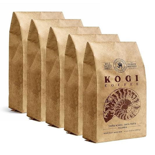 The Younger Brothers Trading Co. Kogi Coffee | Indigenous Wild Organic Whole Bean | Ethically Sourced Single Origin Colombian Coffee | Kogi Medium Roast (1kg / 35.2oz bag), 5 Pack