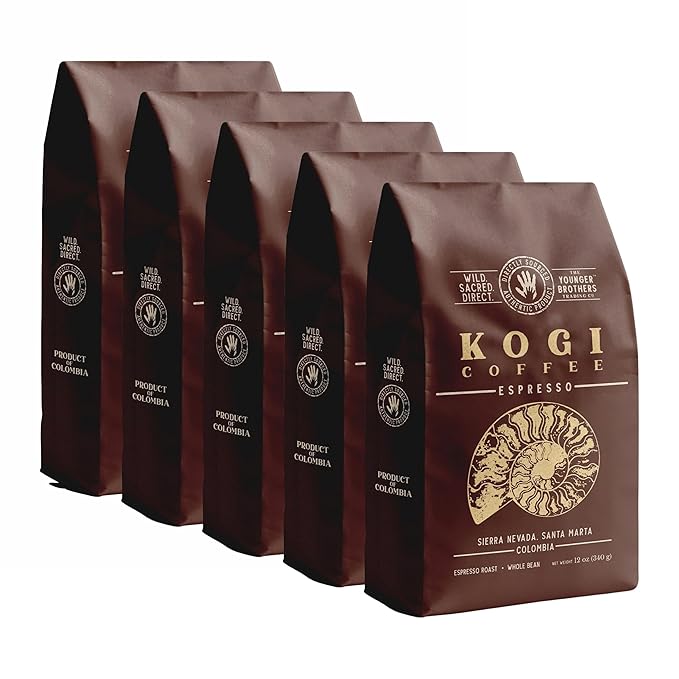 The Younger Brothers Trading Co. Kogi Coffee | Indigenous Wild Organic Whole Bean | Ethically Sourced Single Origin Colombian Coffee | Kogi Espresso Roast | (12oz Bag), 5 Pack