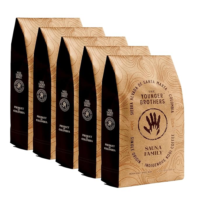 The Younger Brothers Trading Co. Kogi Coffee | Indigenous Wild Organic Whole Bean | Ethically Sourced Single Origin Colombian Coffee | Kogi Sauna Family Medium Roast | (12oz Bag), 5 pack